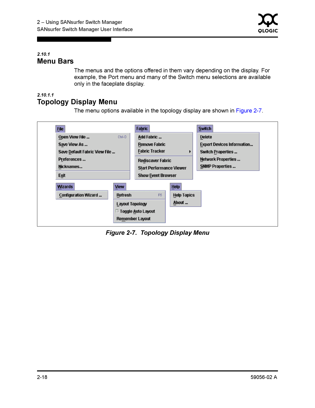 Q-Logic 5200, 5202 manual Menu Bars, Topology Display Menu 