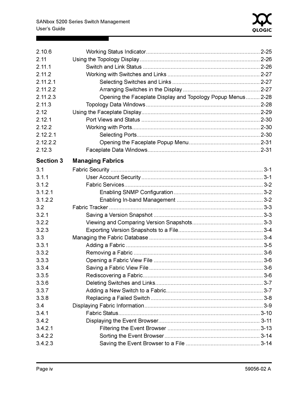 Q-Logic 5200, 5202 manual Section Managing Fabrics 