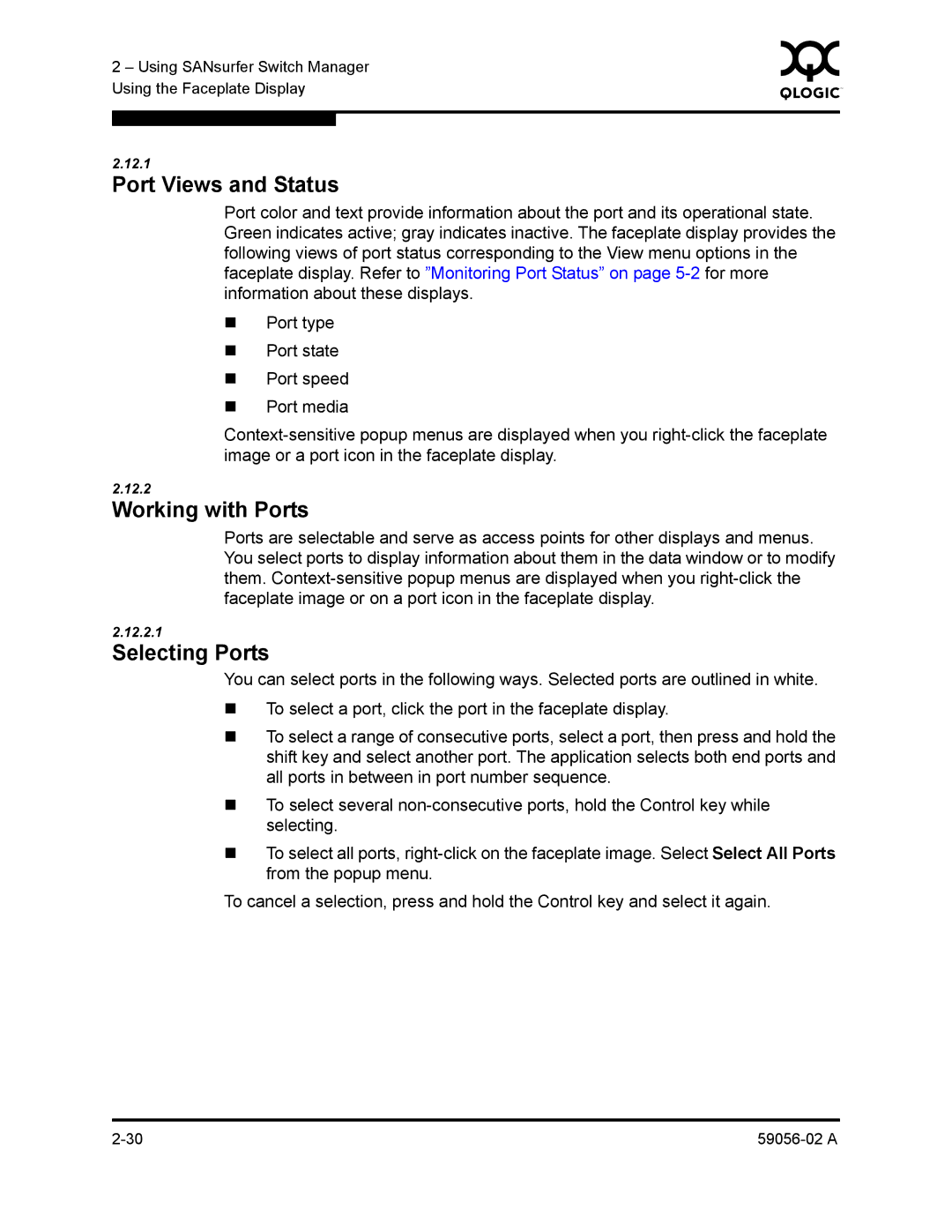 Q-Logic 5200, 5202 manual Port Views and Status, Working with Ports, Selecting Ports 