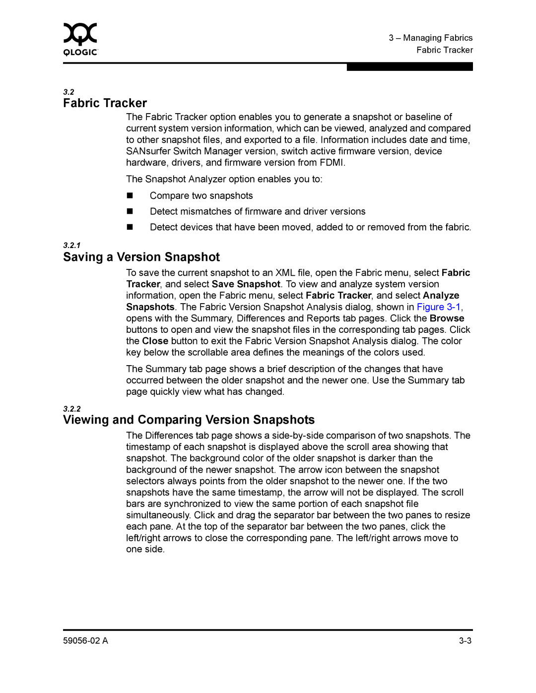 Q-Logic 5202, 5200 manual Fabric Tracker, Saving a Version Snapshot, Viewing and Comparing Version Snapshots 