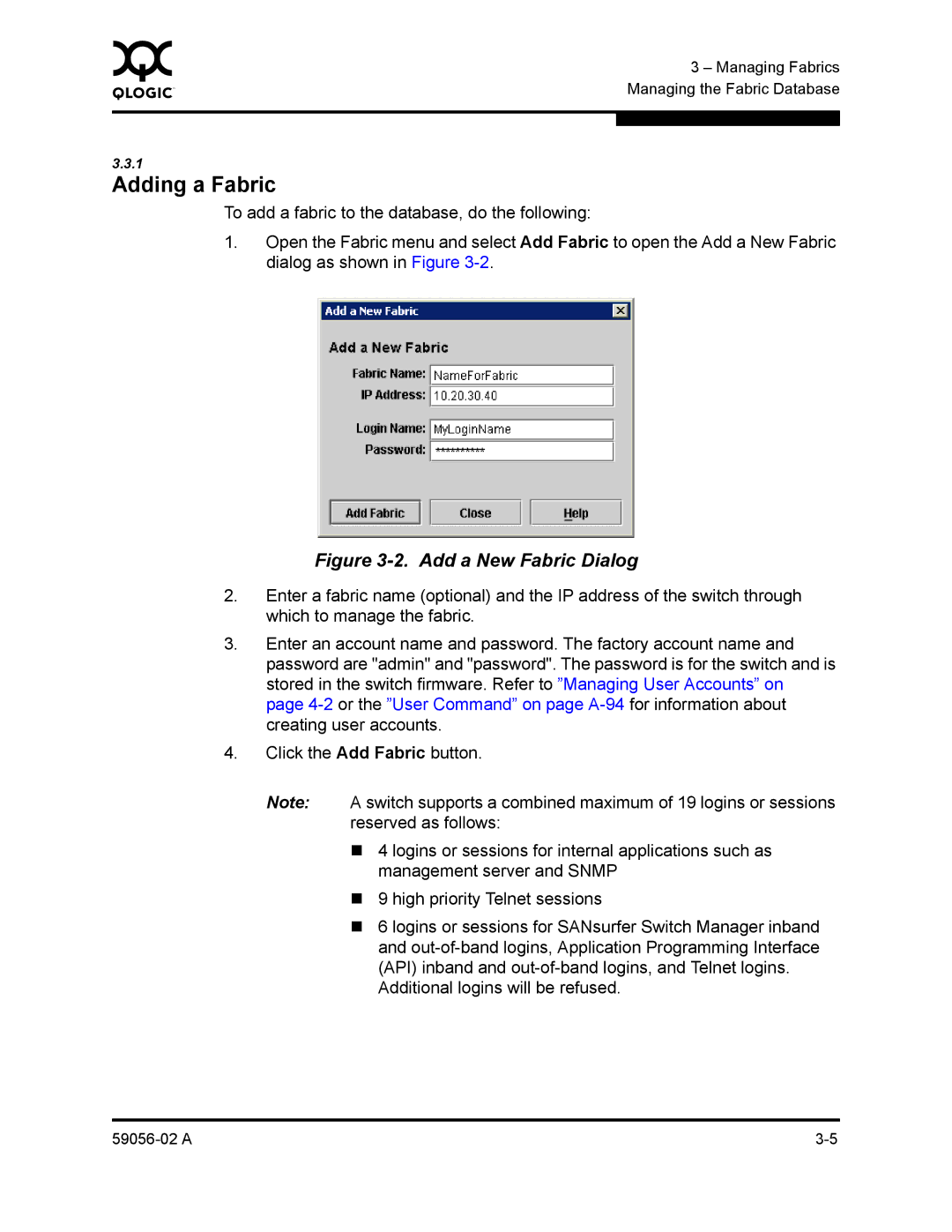 Q-Logic 5202, 5200 manual Adding a Fabric, Add a New Fabric Dialog 