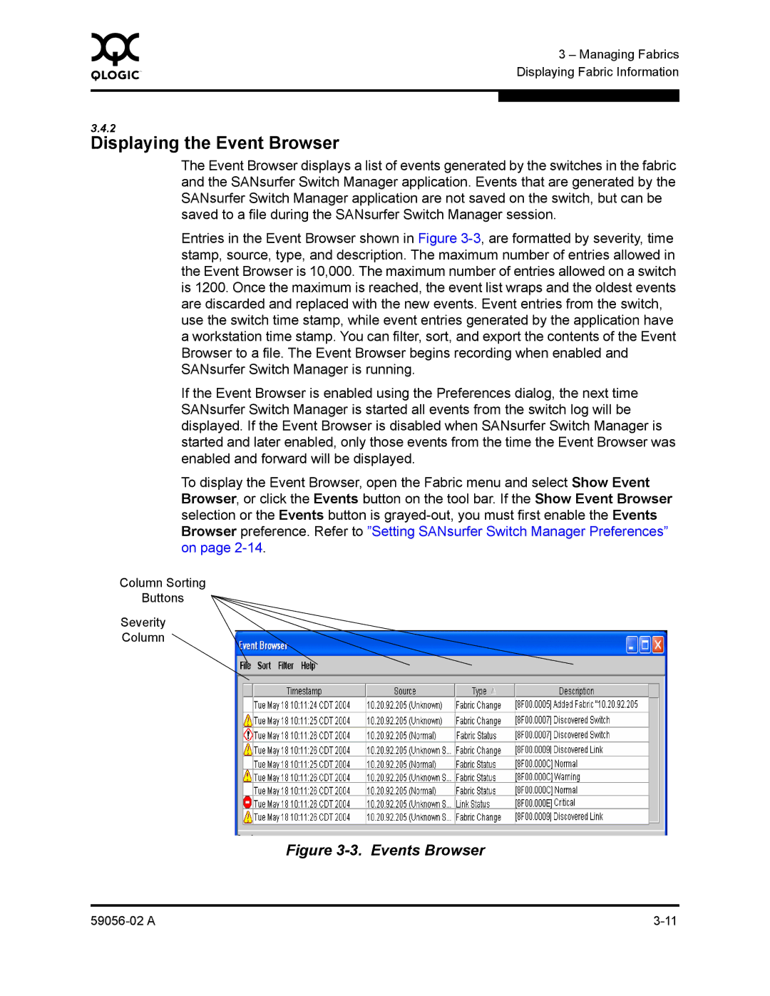 Q-Logic 5202, 5200 manual Displaying the Event Browser, Events Browser 