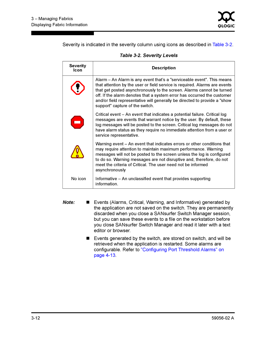 Q-Logic 5200, 5202 manual Severity Levels, Description Icon 