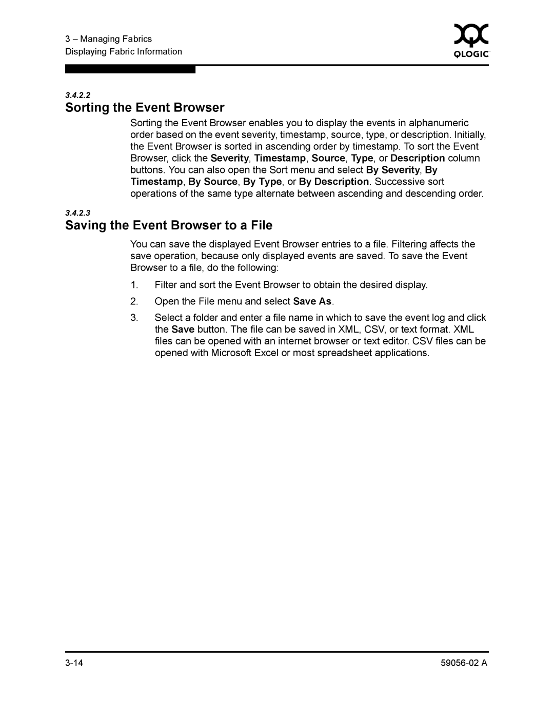 Q-Logic 5200, 5202 manual Sorting the Event Browser, Saving the Event Browser to a File 