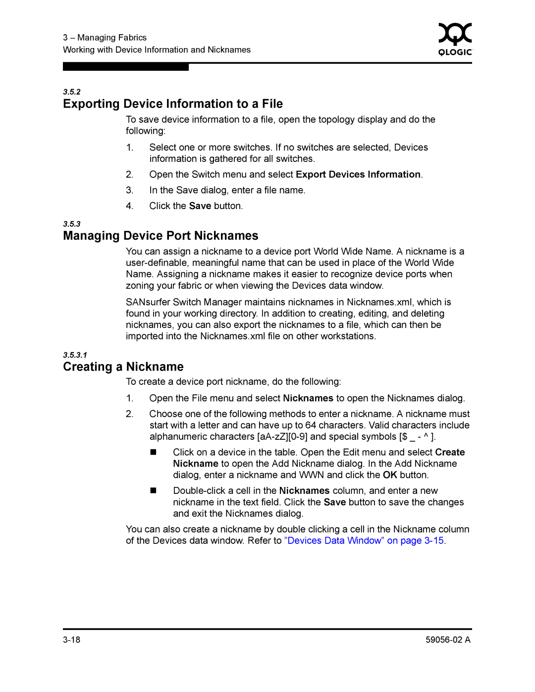 Q-Logic 5200, 5202 manual Exporting Device Information to a File, Managing Device Port Nicknames, Creating a Nickname 