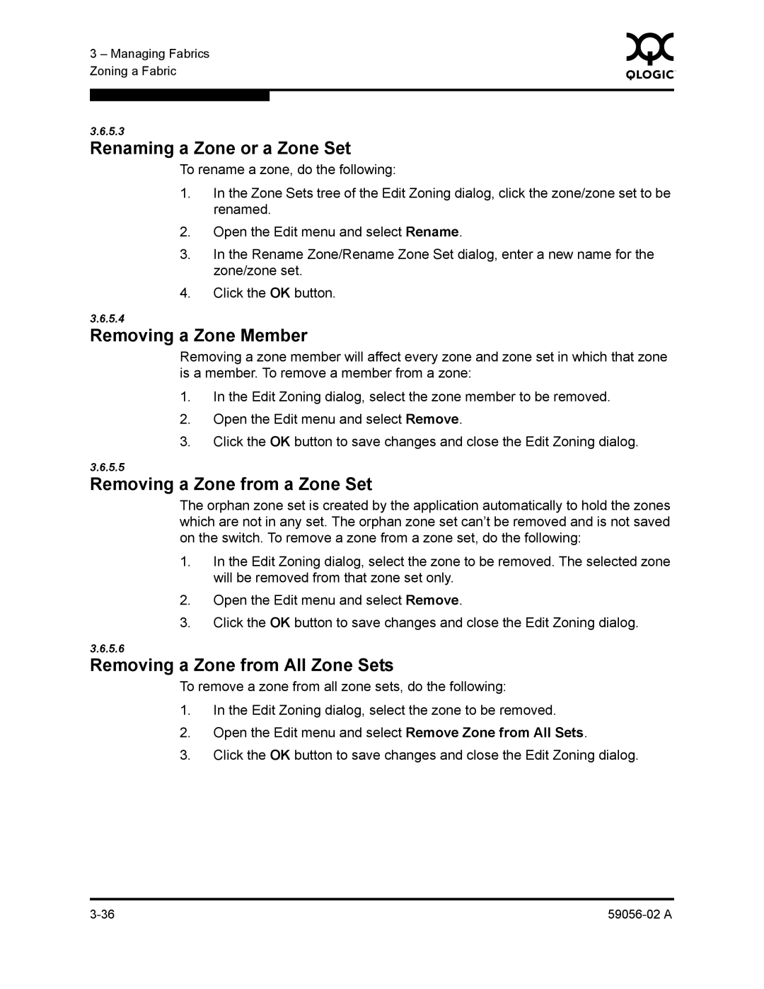 Q-Logic 5200, 5202 manual Renaming a Zone or a Zone Set, Removing a Zone Member, Removing a Zone from a Zone Set 