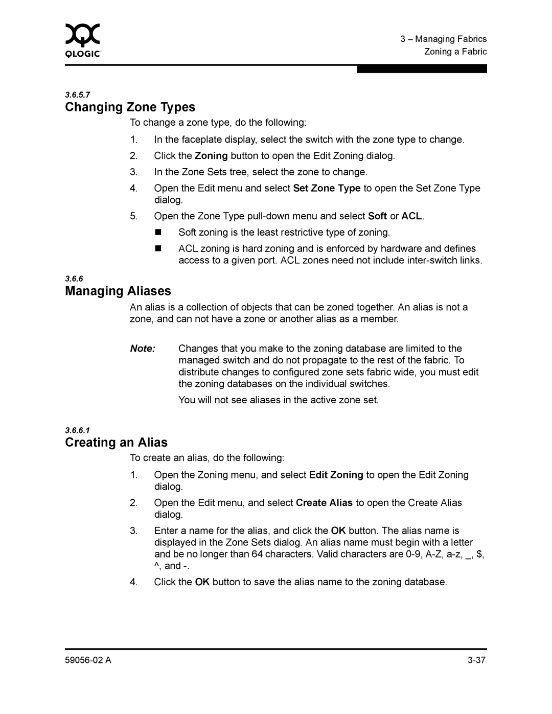 Q-Logic 5202, 5200 manual Changing Zone Types, Managing Aliases, Creating an Alias 