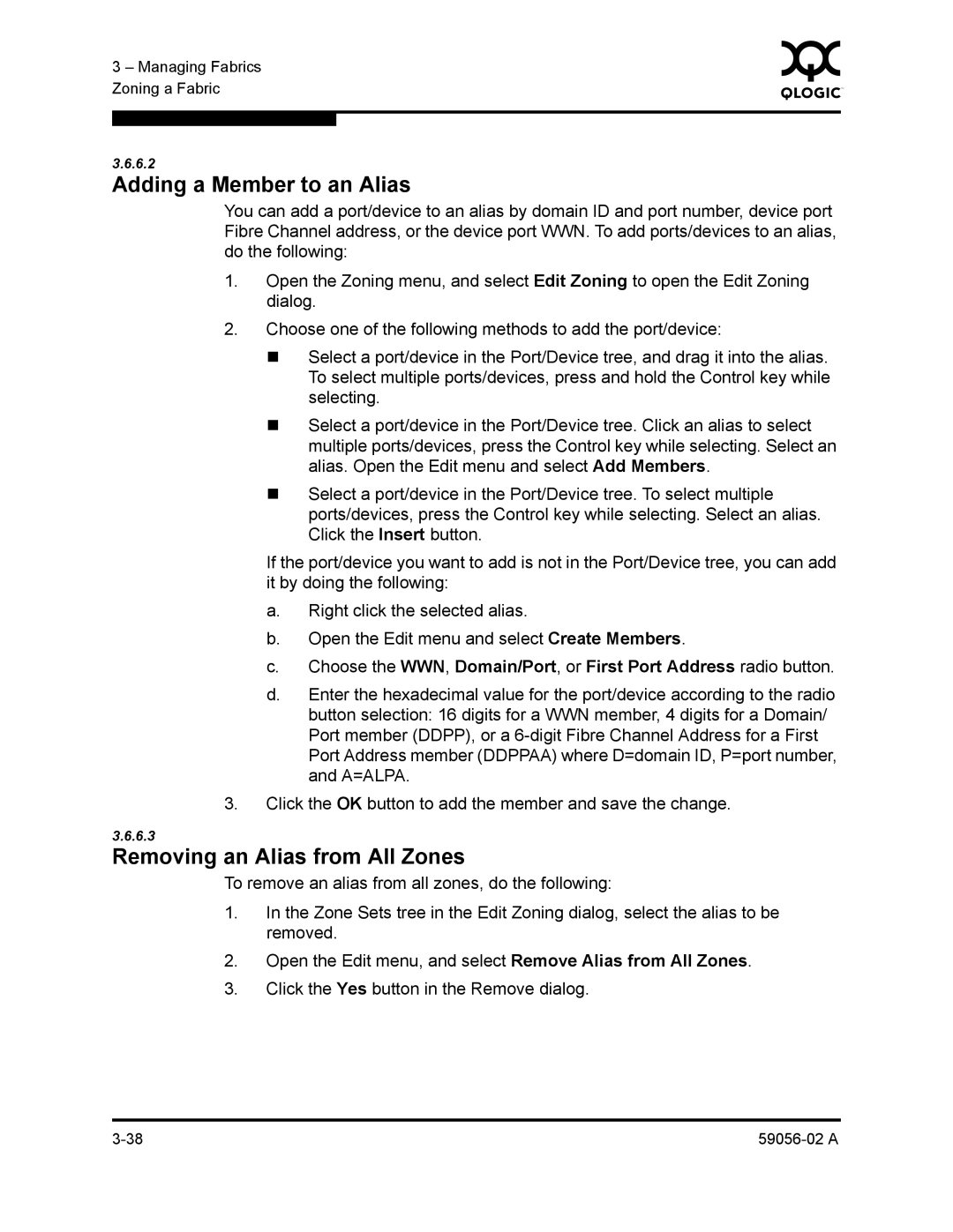 Q-Logic 5200, 5202 manual Adding a Member to an Alias, Removing an Alias from All Zones 