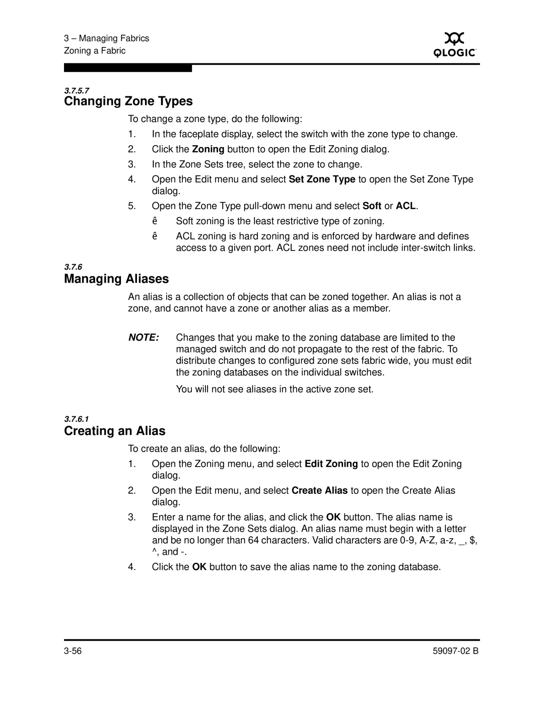 Q-Logic 5600 manual Changing Zone Types, Managing Aliases, Creating an Alias 