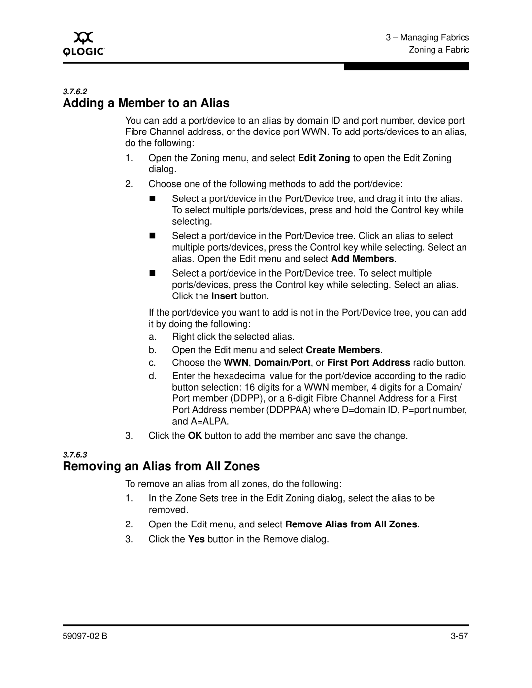 Q-Logic 5600 manual Adding a Member to an Alias, Removing an Alias from All Zones 