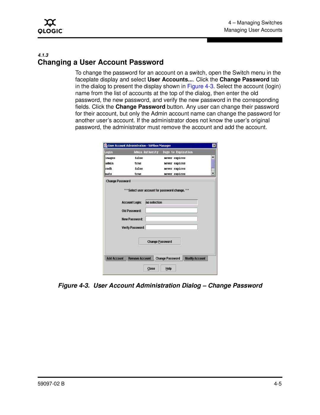 Q-Logic 5600 manual Changing a User Account Password, User Account Administration Dialog Change Password 