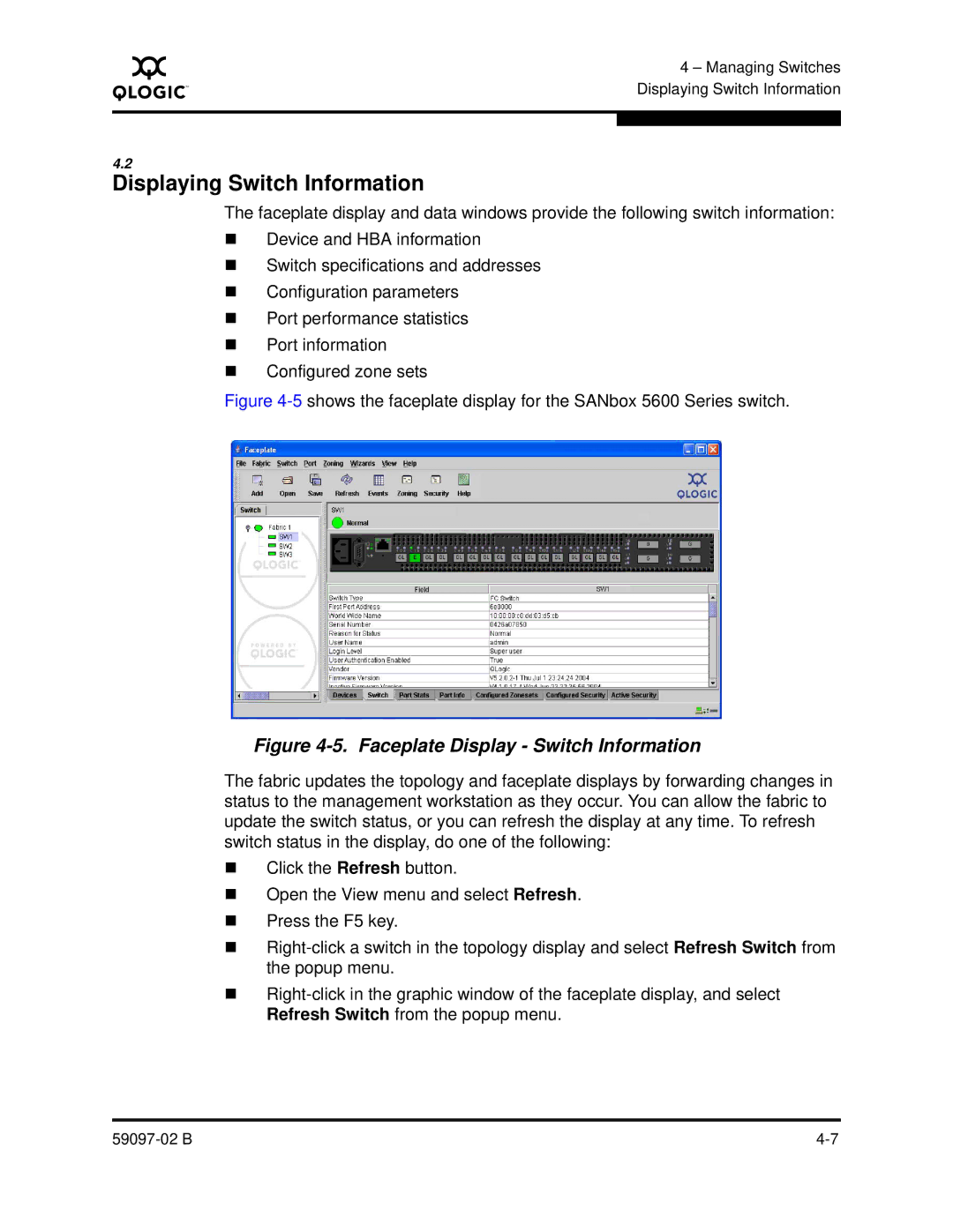 Q-Logic 5600 manual Displaying Switch Information, Faceplate Display Switch Information 