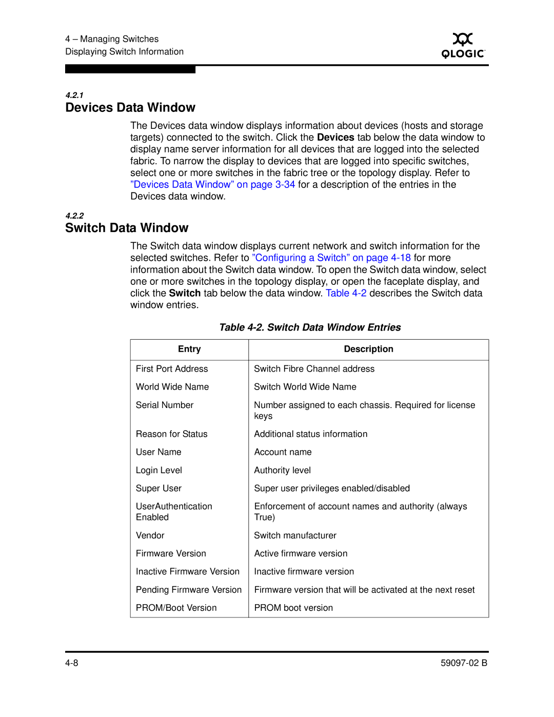 Q-Logic 5600 manual Switch Data Window Entries 