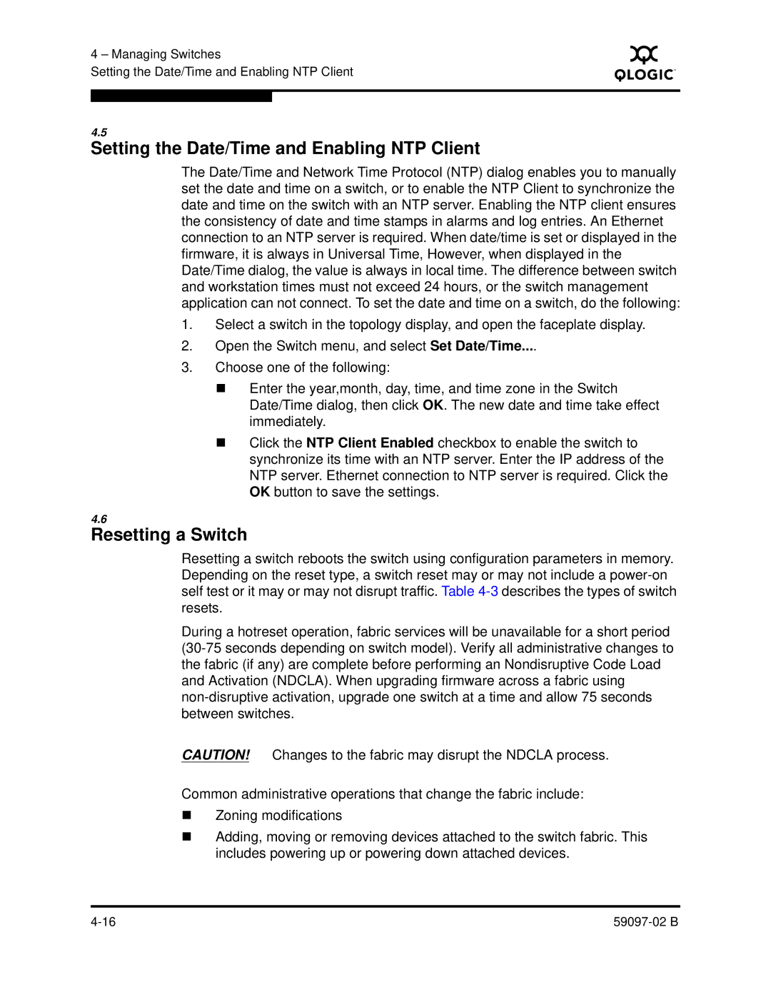 Q-Logic 5600 manual Setting the Date/Time and Enabling NTP Client, Resetting a Switch 