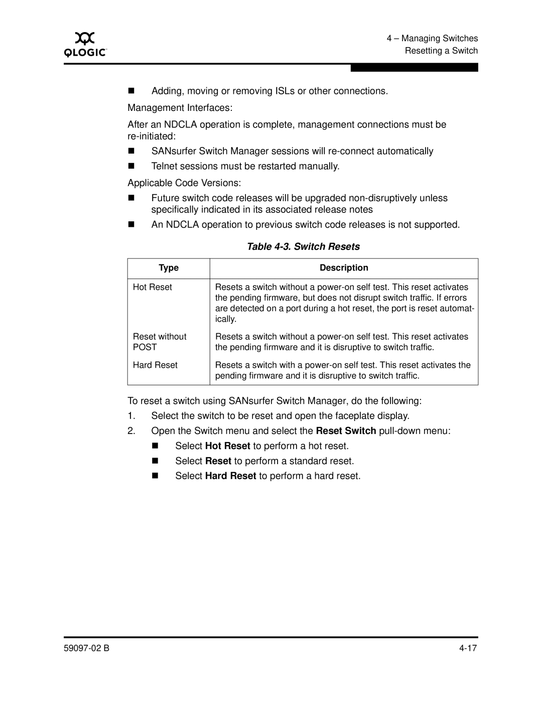 Q-Logic 5600 manual Switch Resets, Type Description 