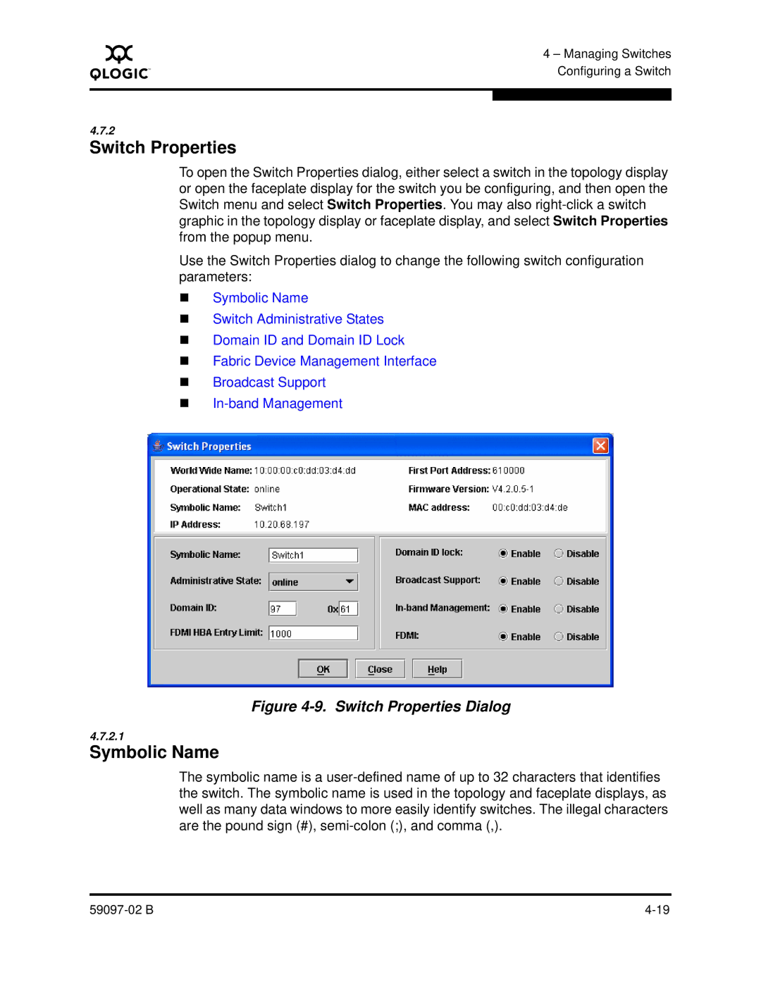 Q-Logic 5600 manual Switch Properties, Symbolic Name 