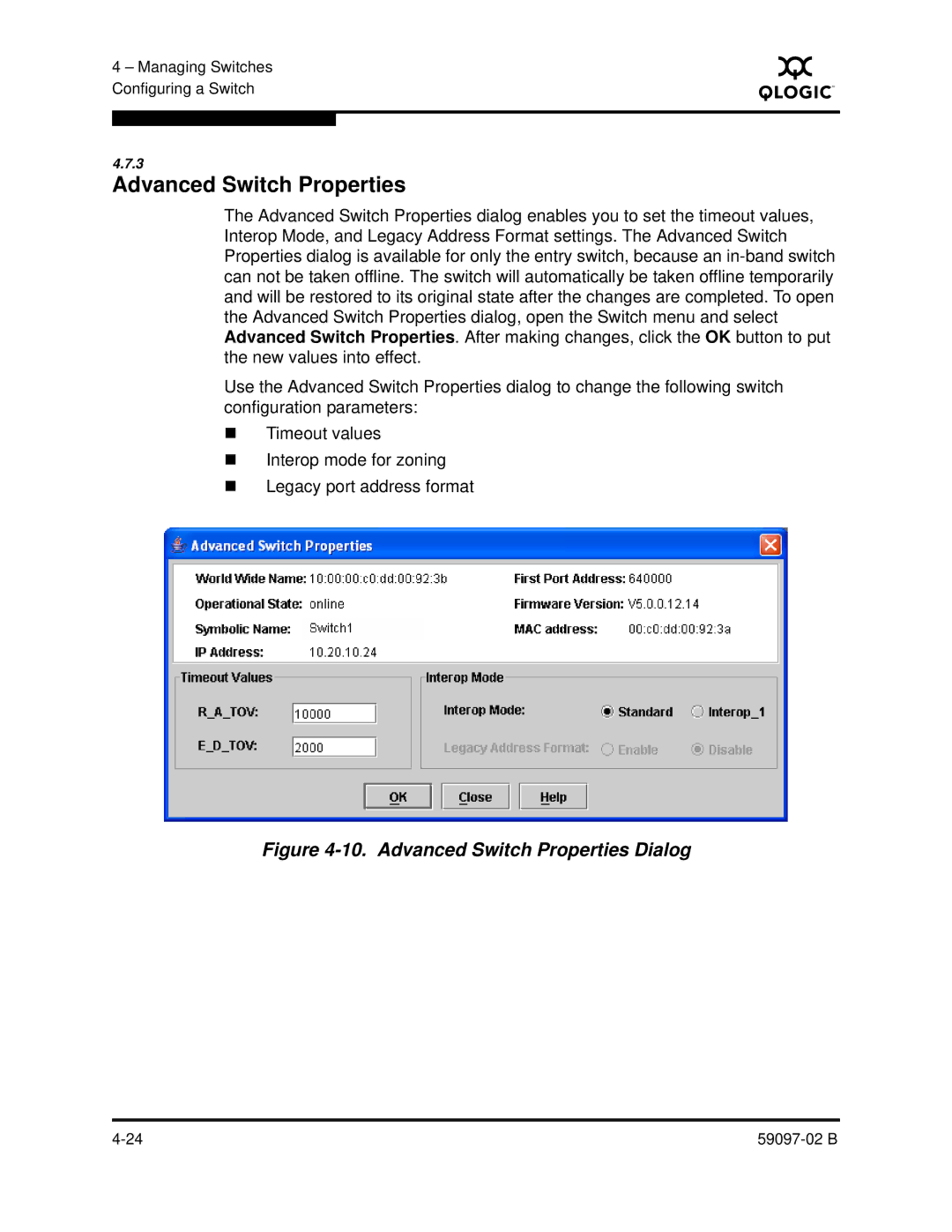 Q-Logic 5600 manual Advanced Switch Properties Dialog 