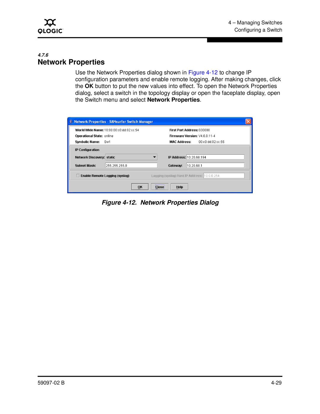 Q-Logic 5600 manual Network Properties Dialog 