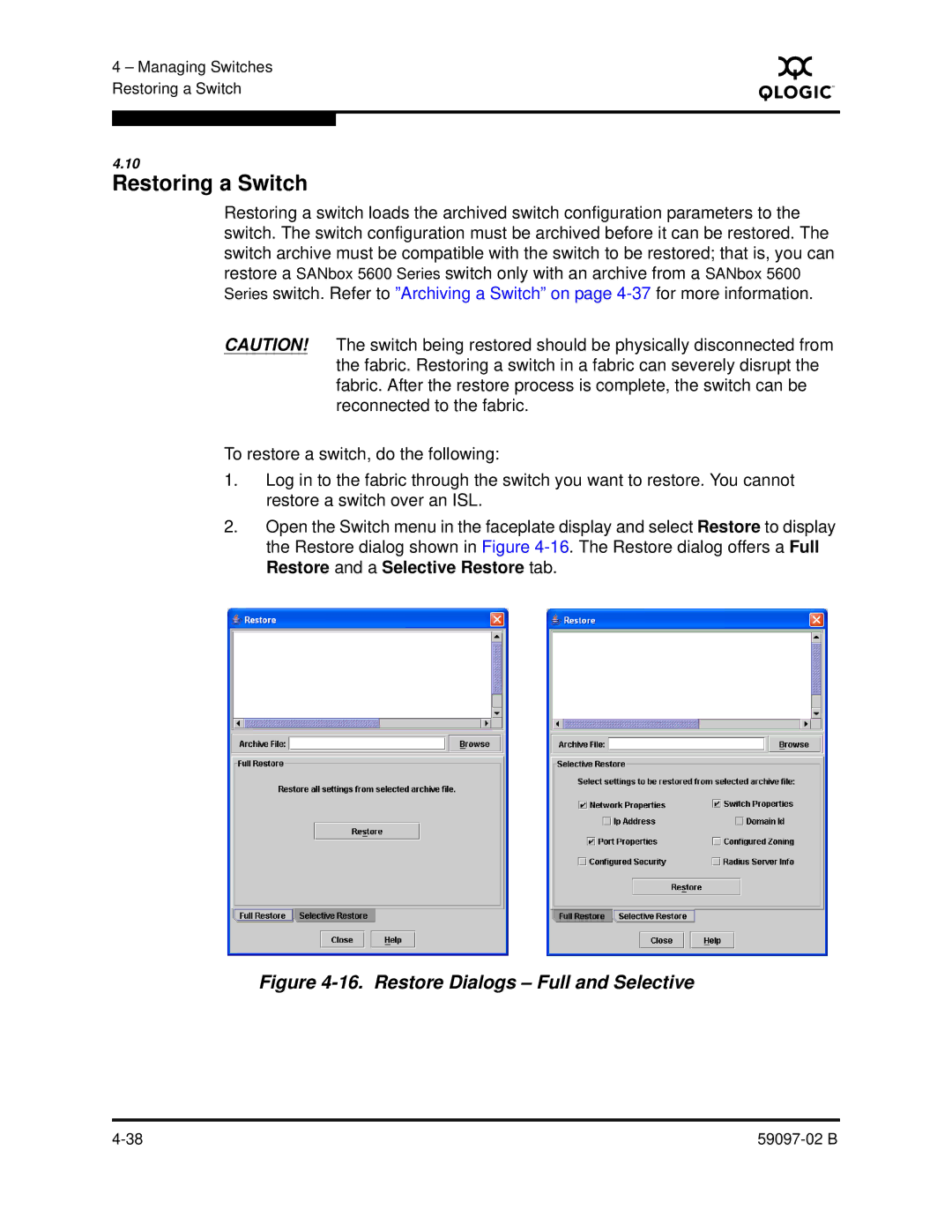 Q-Logic 5600 manual Restoring a Switch, Restore Dialogs Full and Selective 