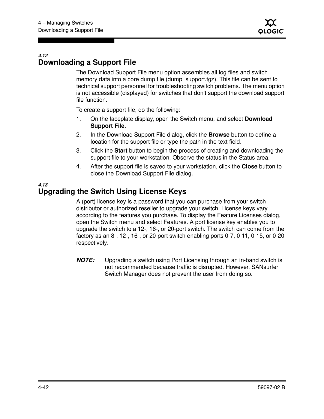 Q-Logic 5600 manual Downloading a Support File, Upgrading the Switch Using License Keys 