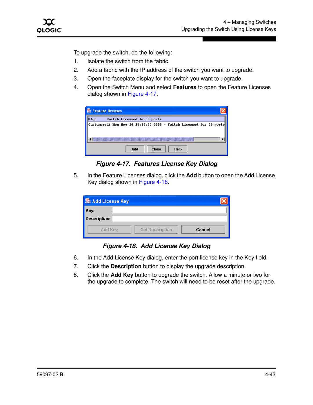 Q-Logic 5600 manual Features License Key Dialog 