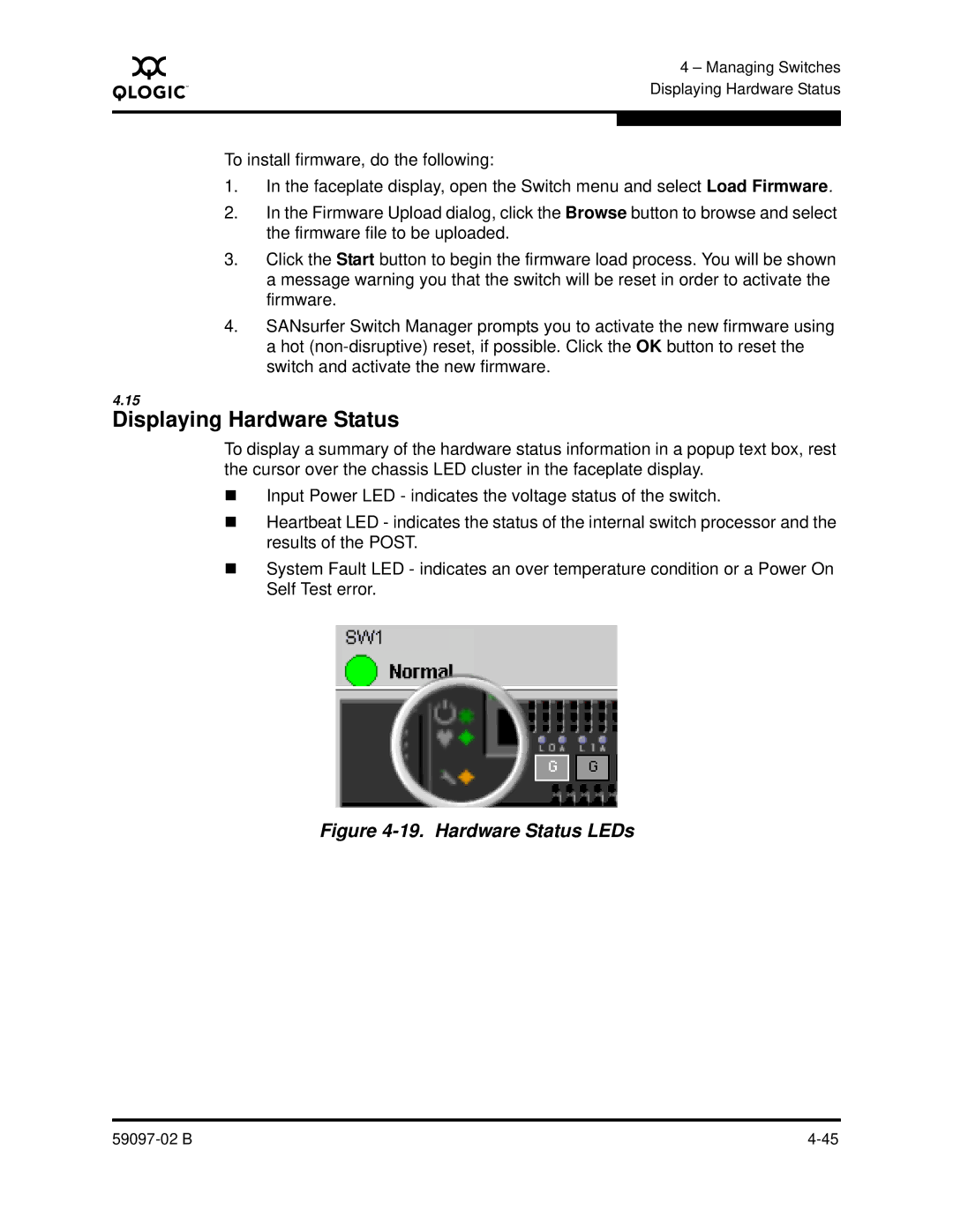 Q-Logic 5600 manual Displaying Hardware Status, Hardware Status LEDs 