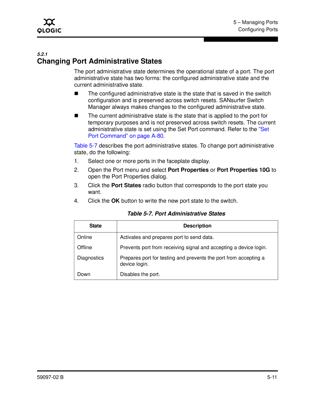 Q-Logic 5600 manual Changing Port Administrative States 