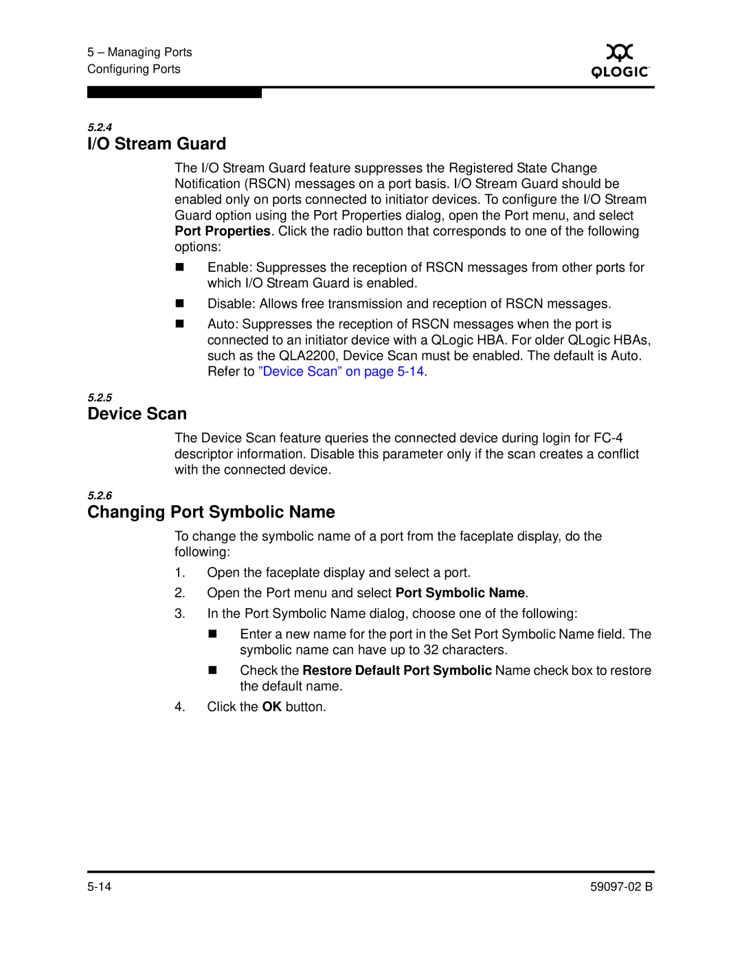 Q-Logic 5600 manual Stream Guard, Device Scan, Changing Port Symbolic Name 