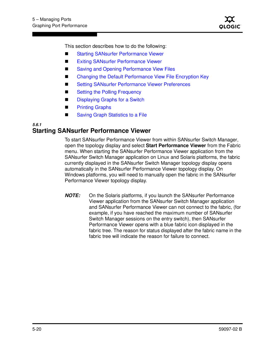 Q-Logic 5600 manual Starting SANsurfer Performance Viewer, This section describes how to do the following 