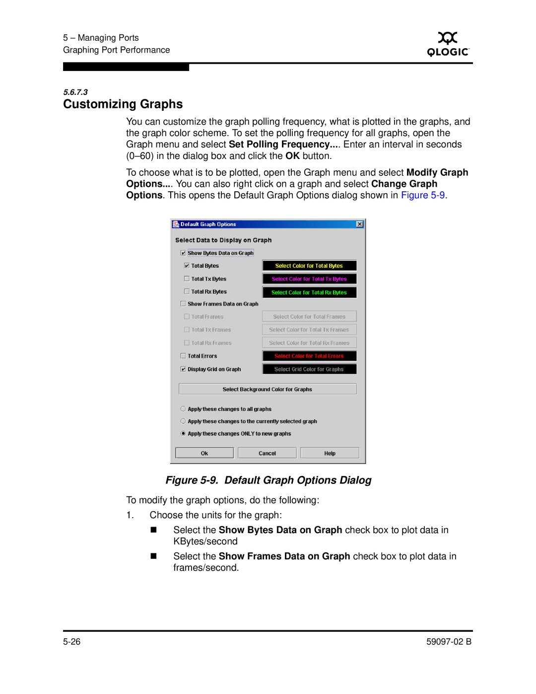 Q-Logic 5600 manual Customizing Graphs, Default Graph Options Dialog 