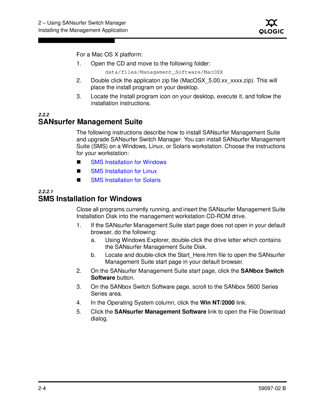 Q-Logic 5600 manual SANsurfer Management Suite, SMS Installation for Windows 