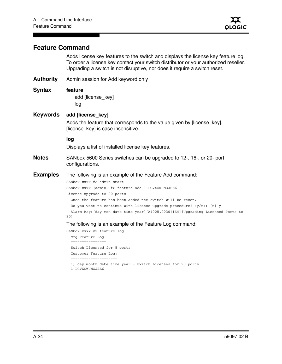 Q-Logic 5600 manual Feature Command, Syntax feature, Keywords add licensekey, Log 