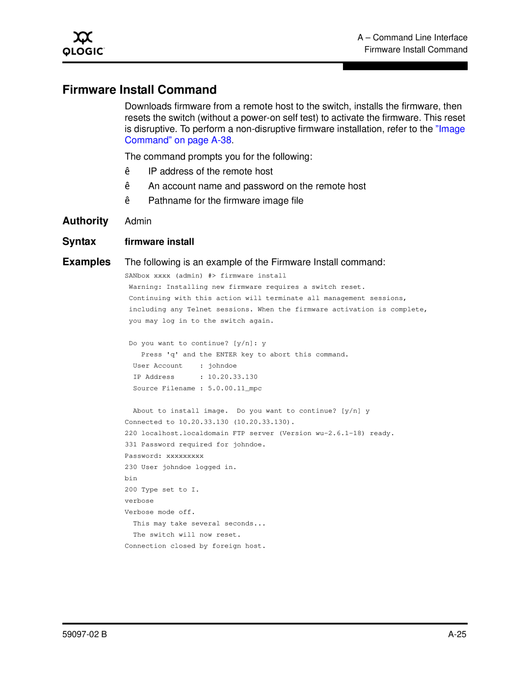 Q-Logic 5600 manual Firmware Install Command, Authority Admin, Syntax firmware install 