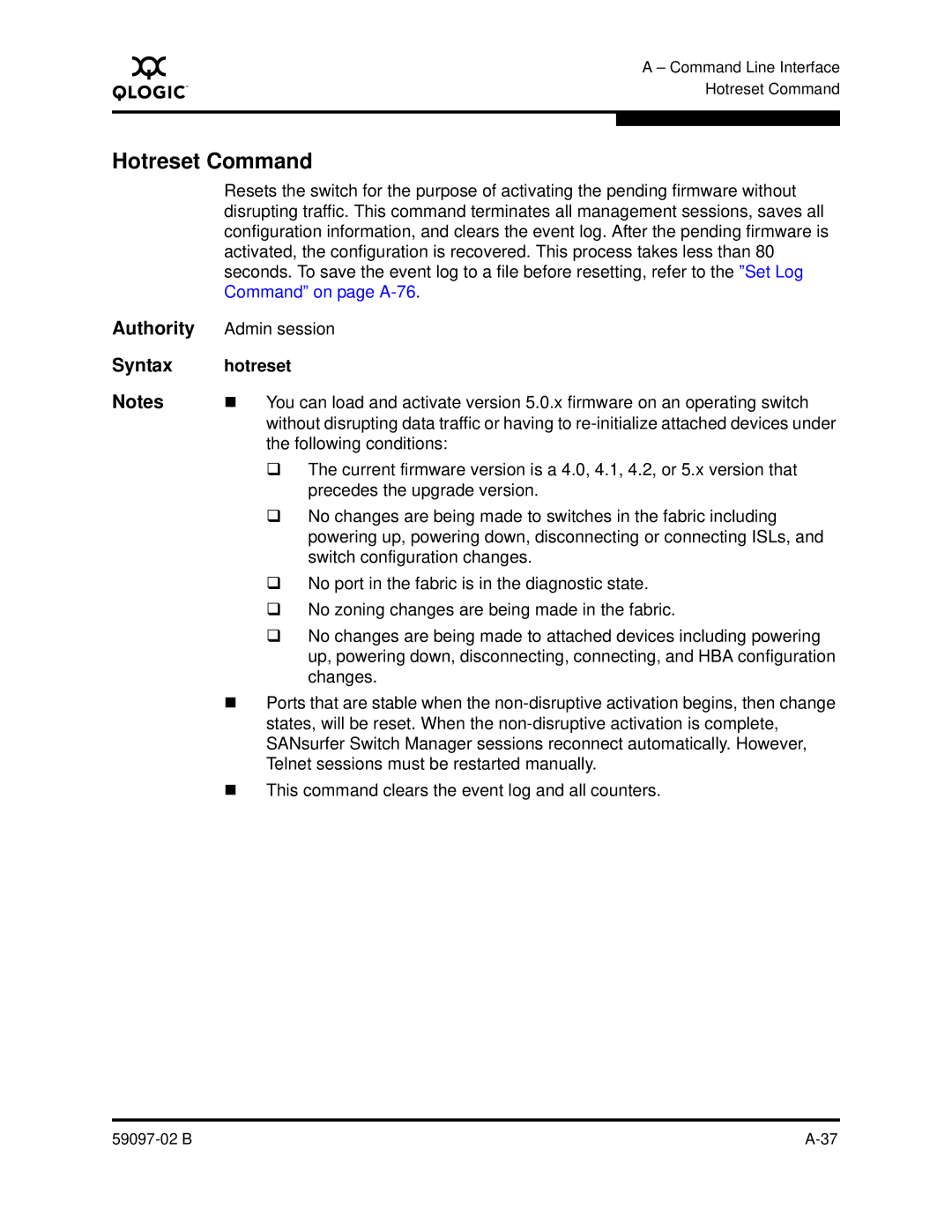 Q-Logic 5600 manual Hotreset Command 