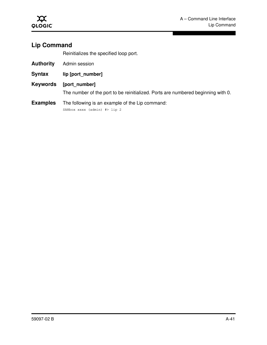 Q-Logic 5600 manual Lip Command, Admin session, Lip portnumber, Portnumber, Following is an example of the Lip command 