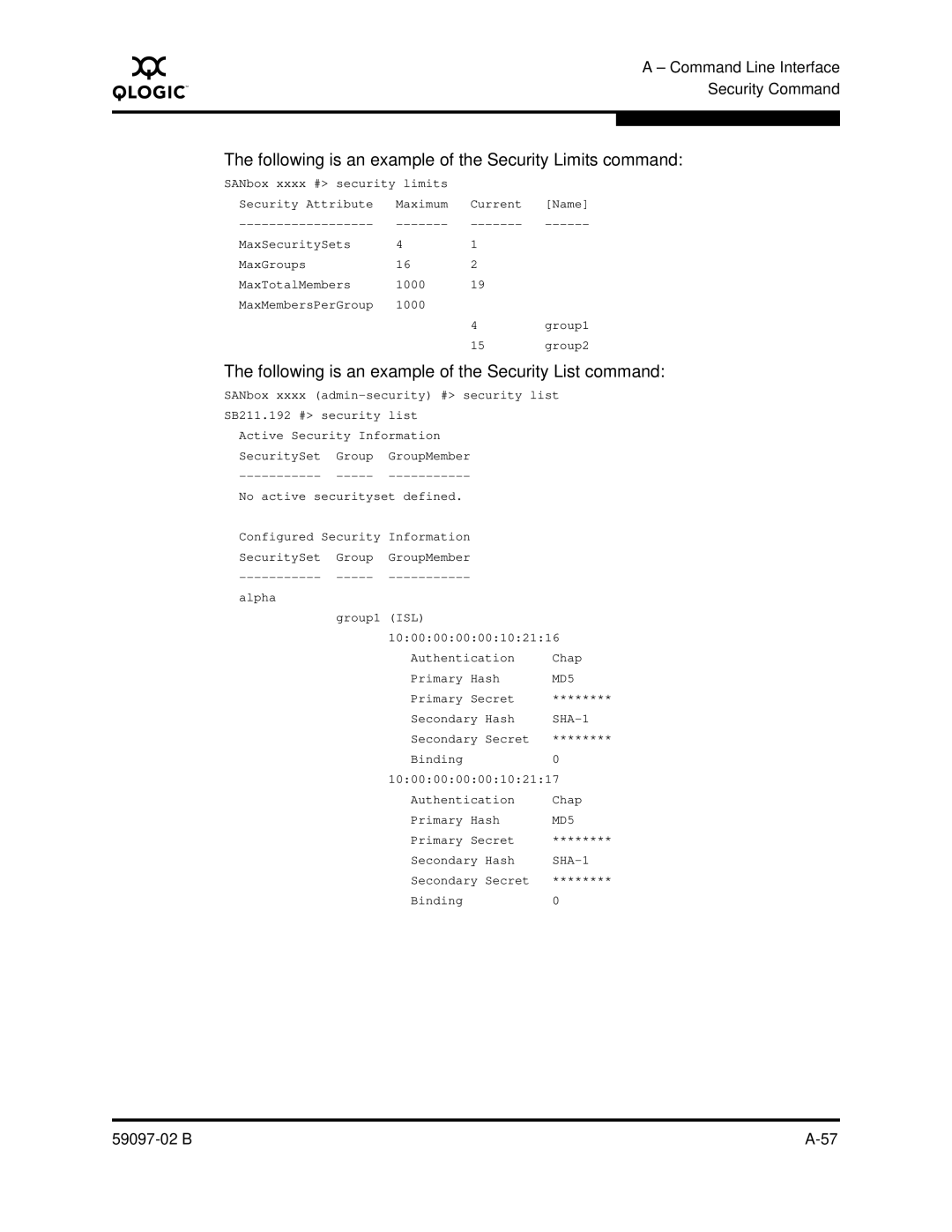 Q-Logic 5600 Following is an example of the Security Limits command, Following is an example of the Security List command 