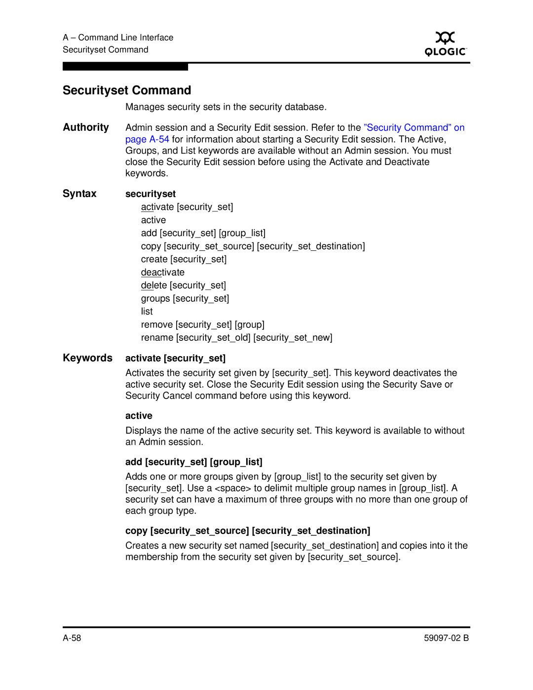 Q-Logic 5600 manual Securityset Command 