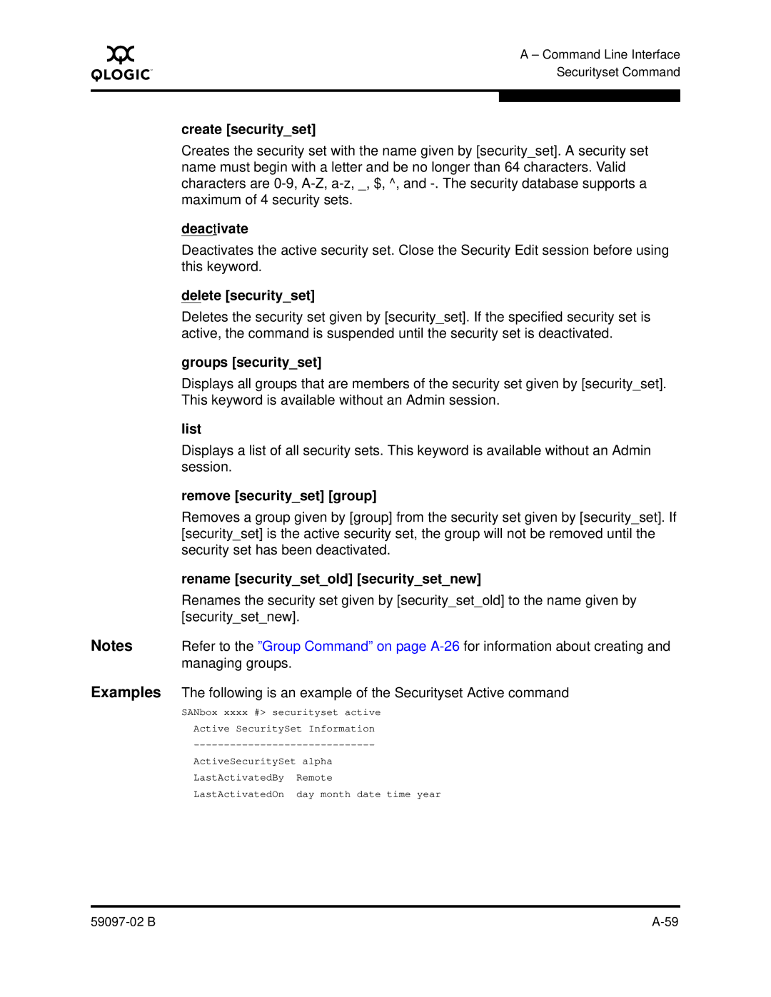 Q-Logic 5600 manual Create securityset, Deactivate, Delete securityset, Groups securityset, Remove securityset group 