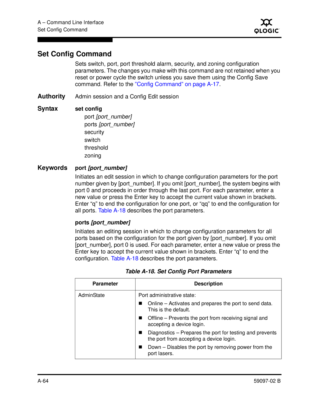 Q-Logic 5600 Set Config Command, Set config, Port portnumber, Ports portnumber, Table A-18. Set Config Port Parameters 