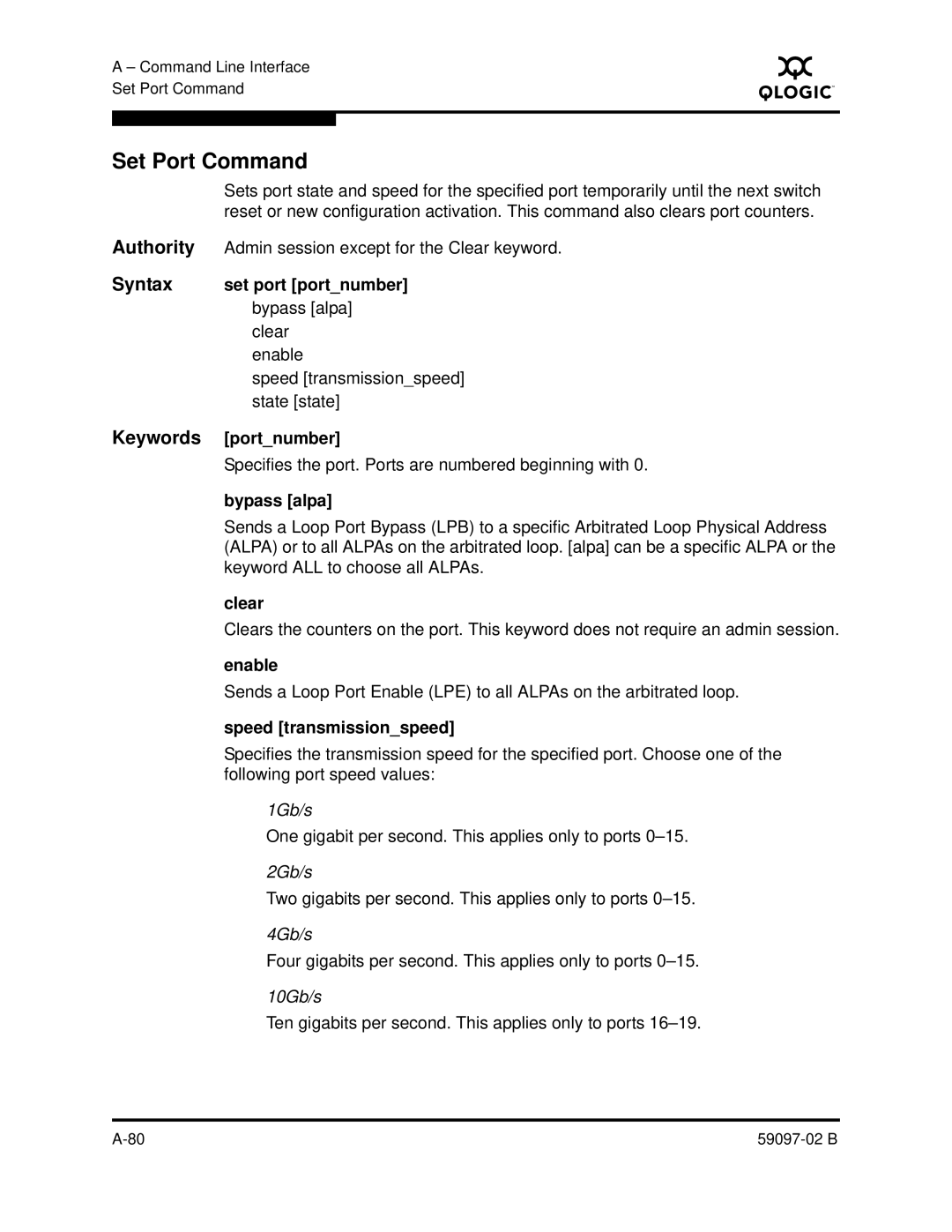 Q-Logic 5600 manual Set Port Command 