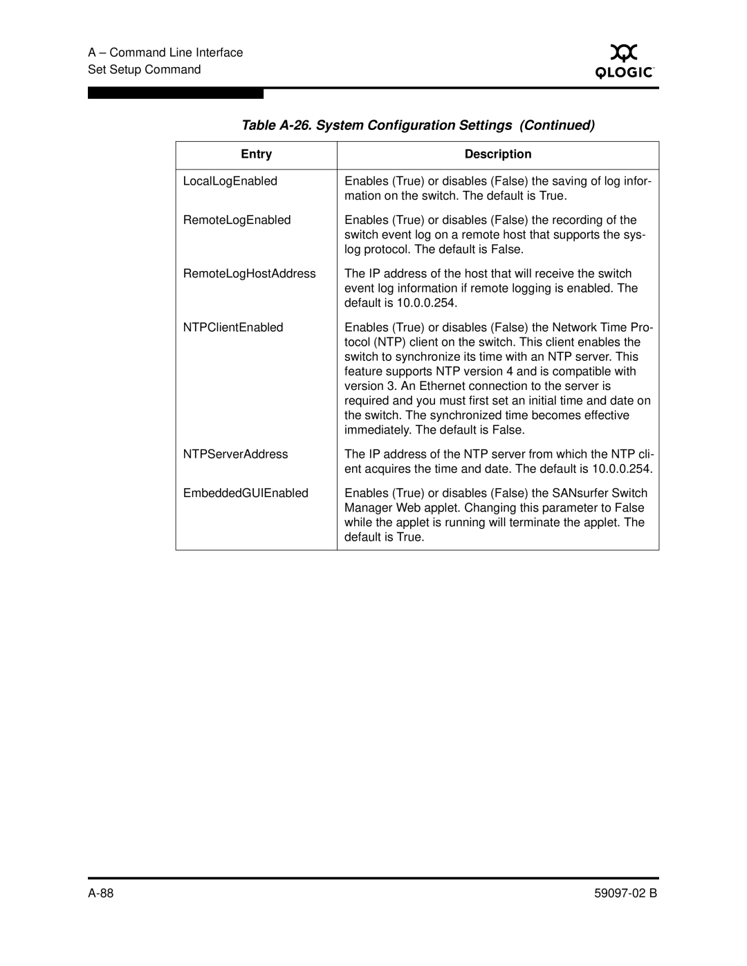 Q-Logic 5600 manual Table A-26. System Configuration Settings 