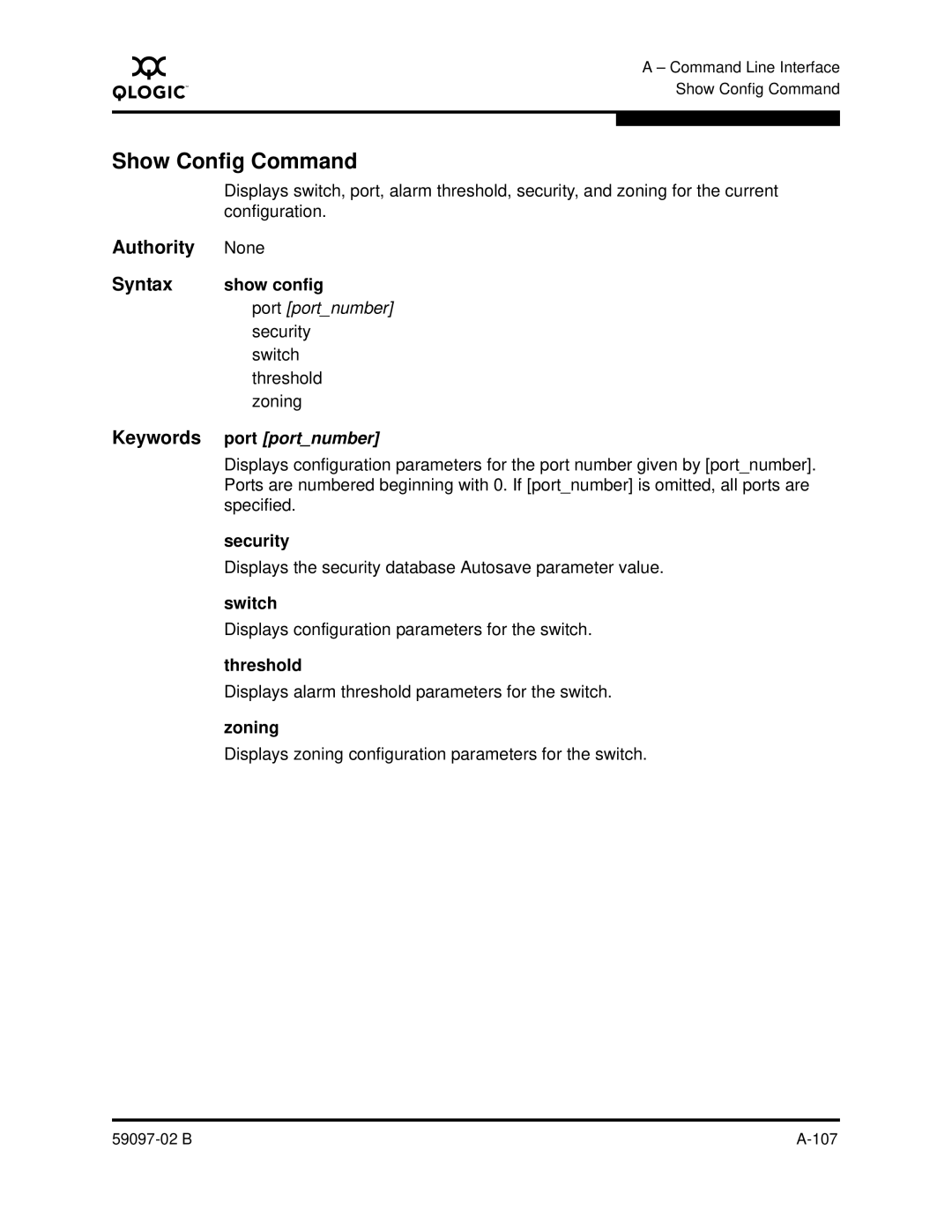 Q-Logic 5600 manual Show Config Command, Show config 