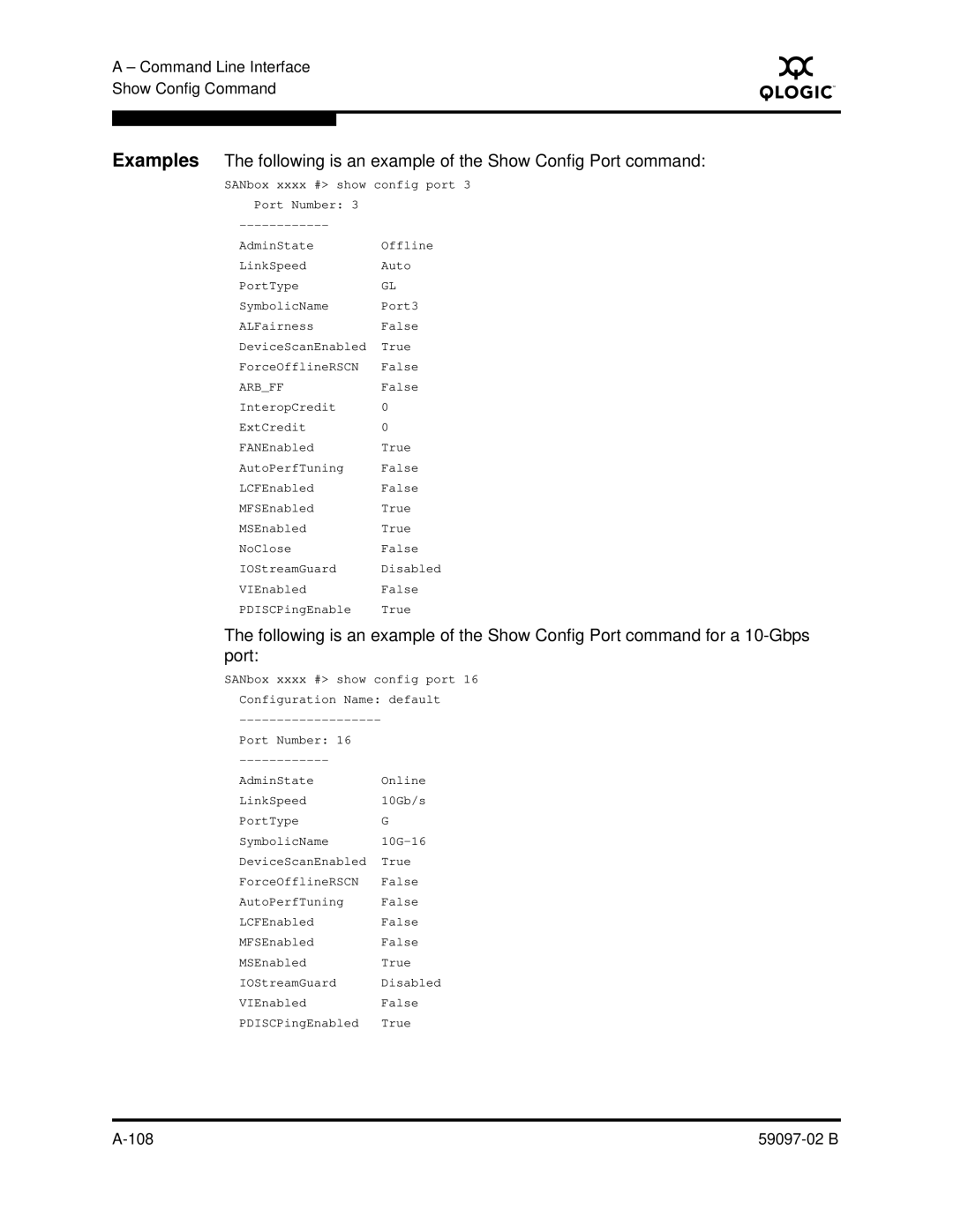 Q-Logic 5600 manual Examples, Following is an example of the Show Config Port command 