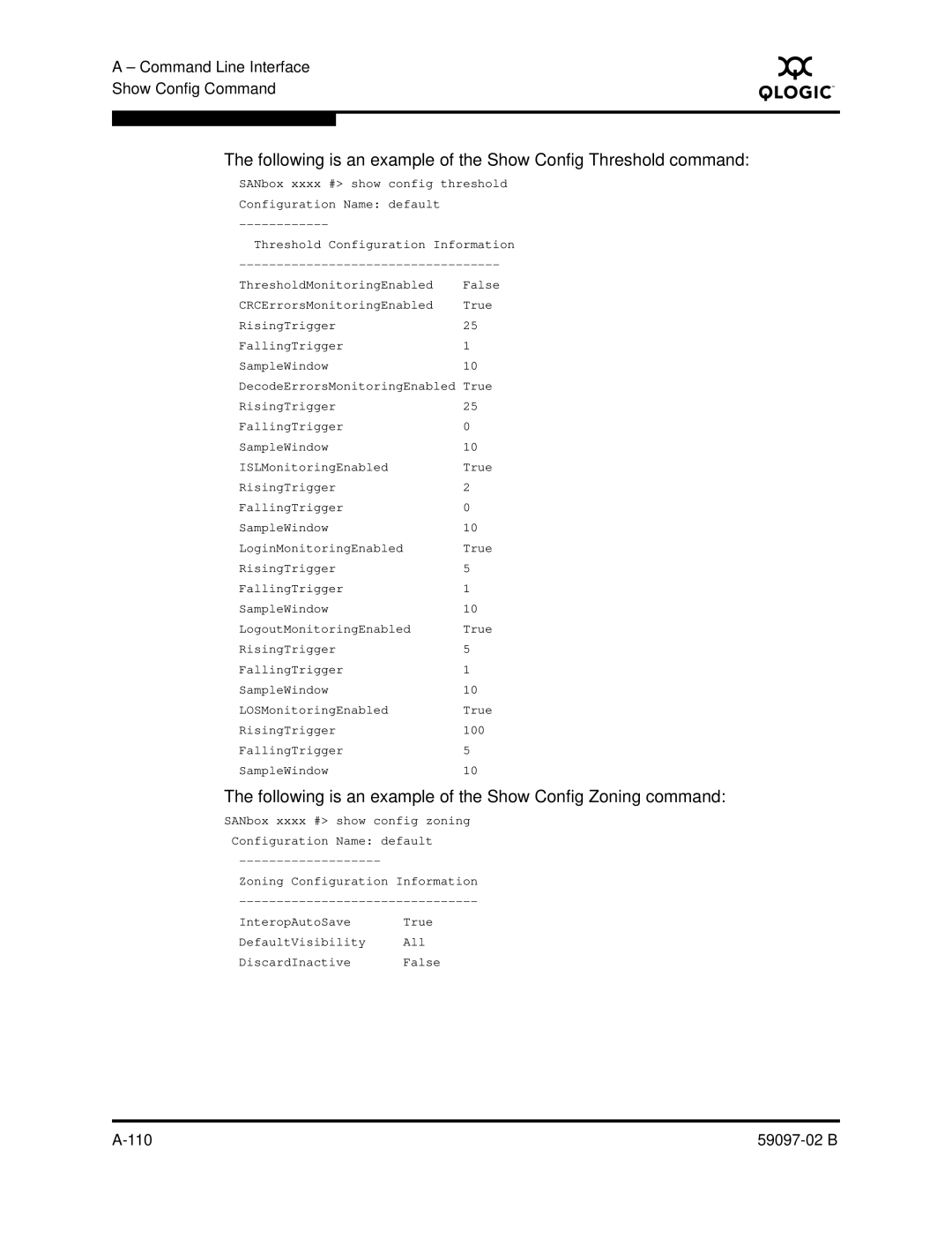 Q-Logic 5600 manual Following is an example of the Show Config Threshold command 