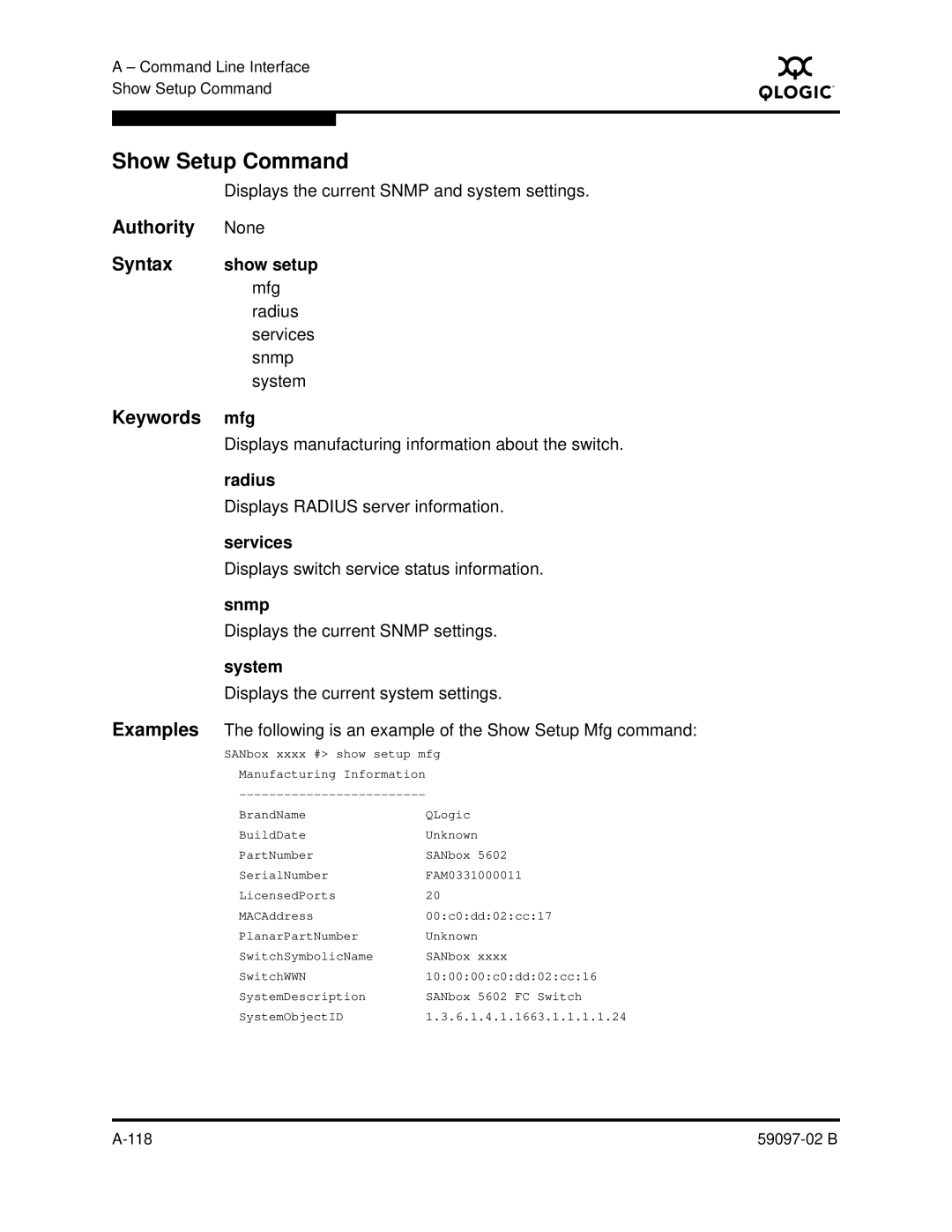 Q-Logic 5600 manual Show Setup Command, Show setup, Mfg 