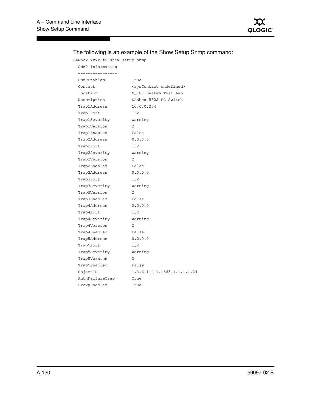 Q-Logic 5600 manual Following is an example of the Show Setup Snmp command 