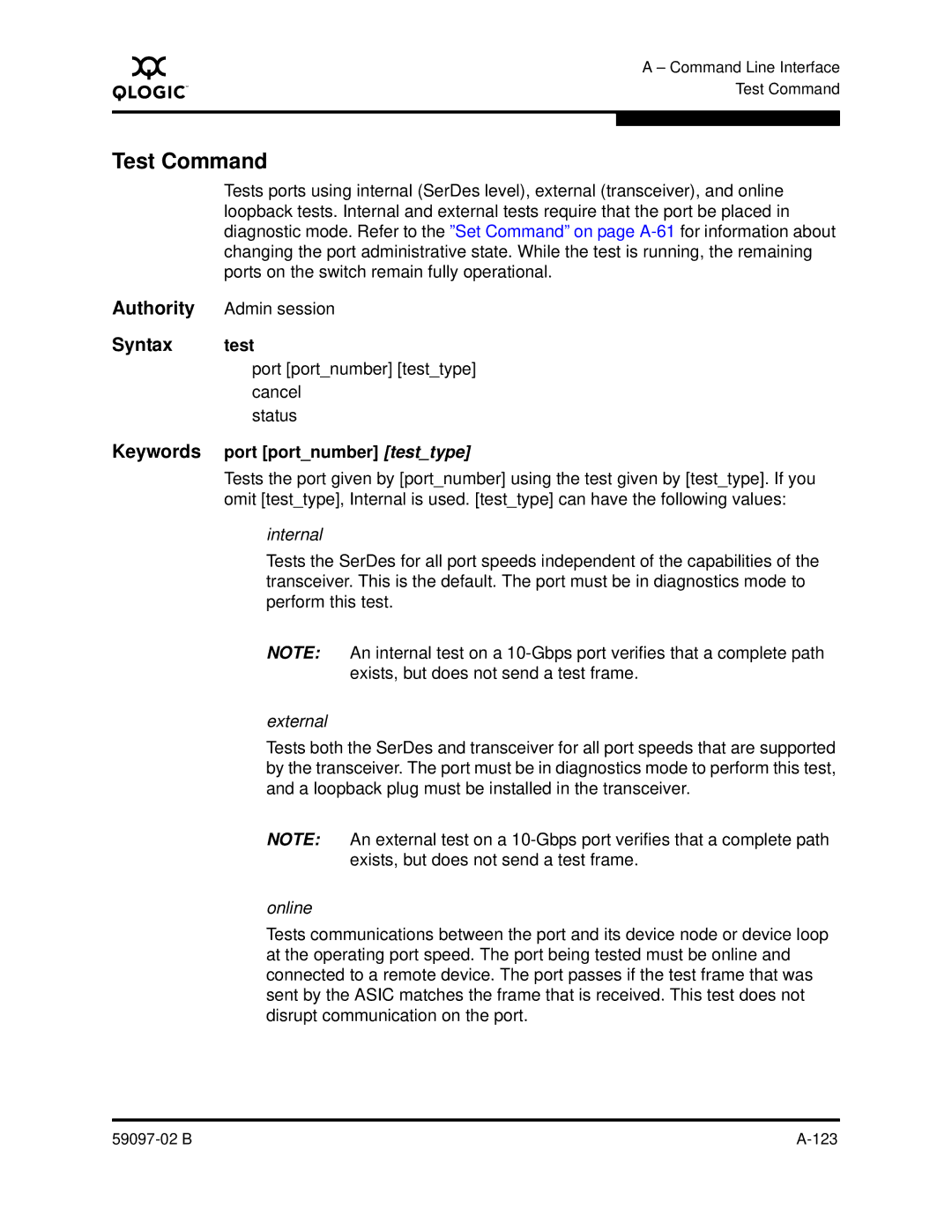 Q-Logic 5600 manual Test Command, Syntax test, Port portnumber testtype cancel Status, Keywords port portnumber testtype 