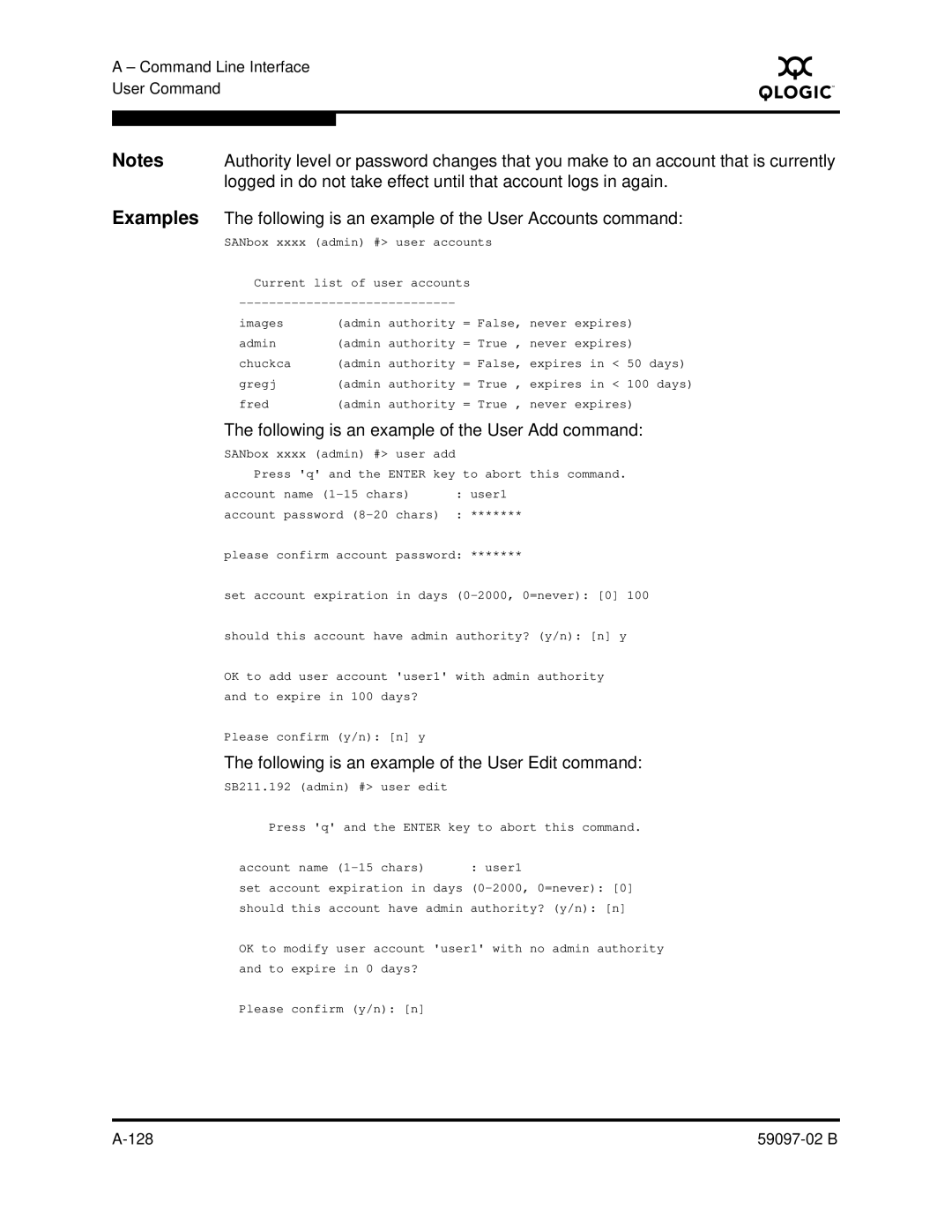 Q-Logic 5600 manual Following is an example of the User Accounts command, Following is an example of the User Add command 