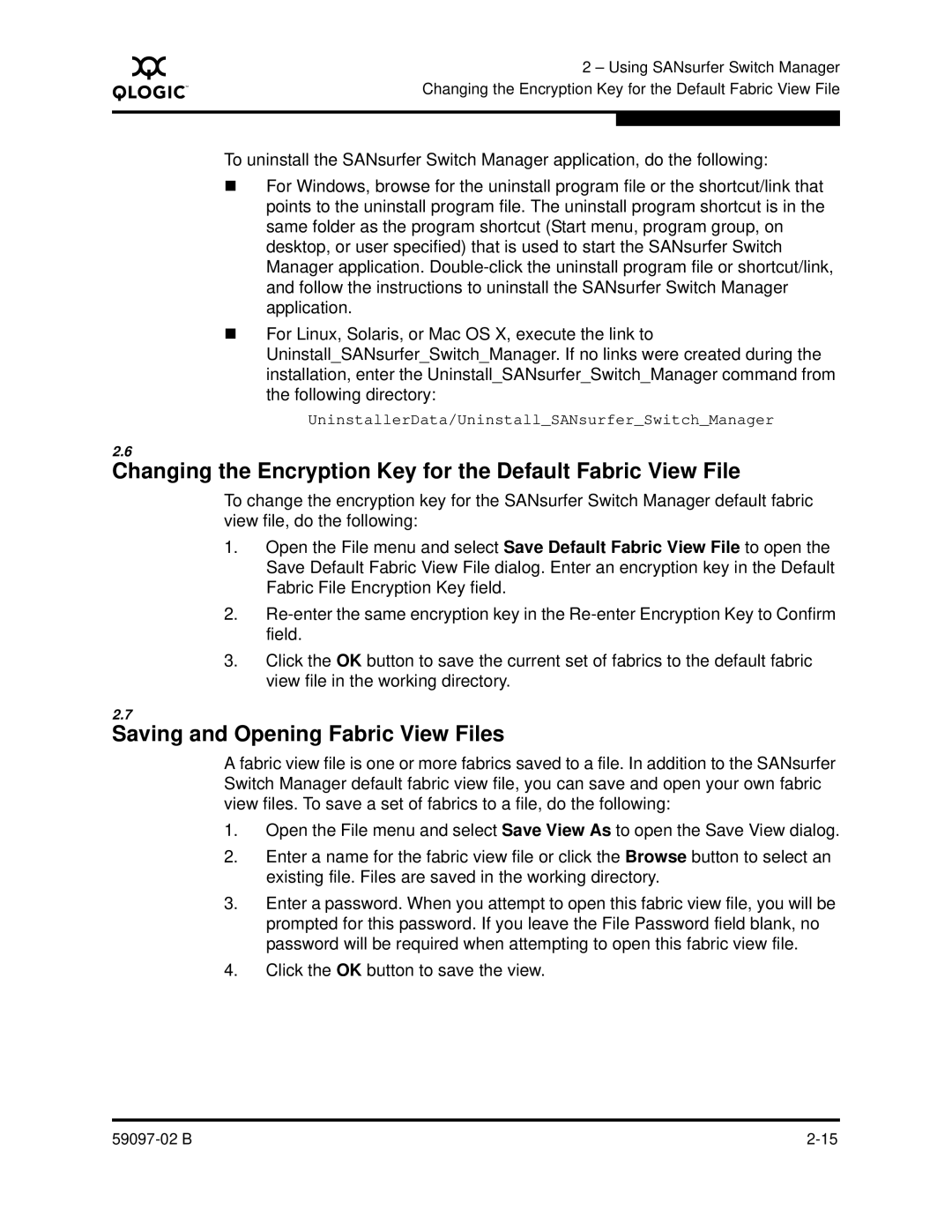 Q-Logic 5600 manual Changing the Encryption Key for the Default Fabric View File, Saving and Opening Fabric View Files 