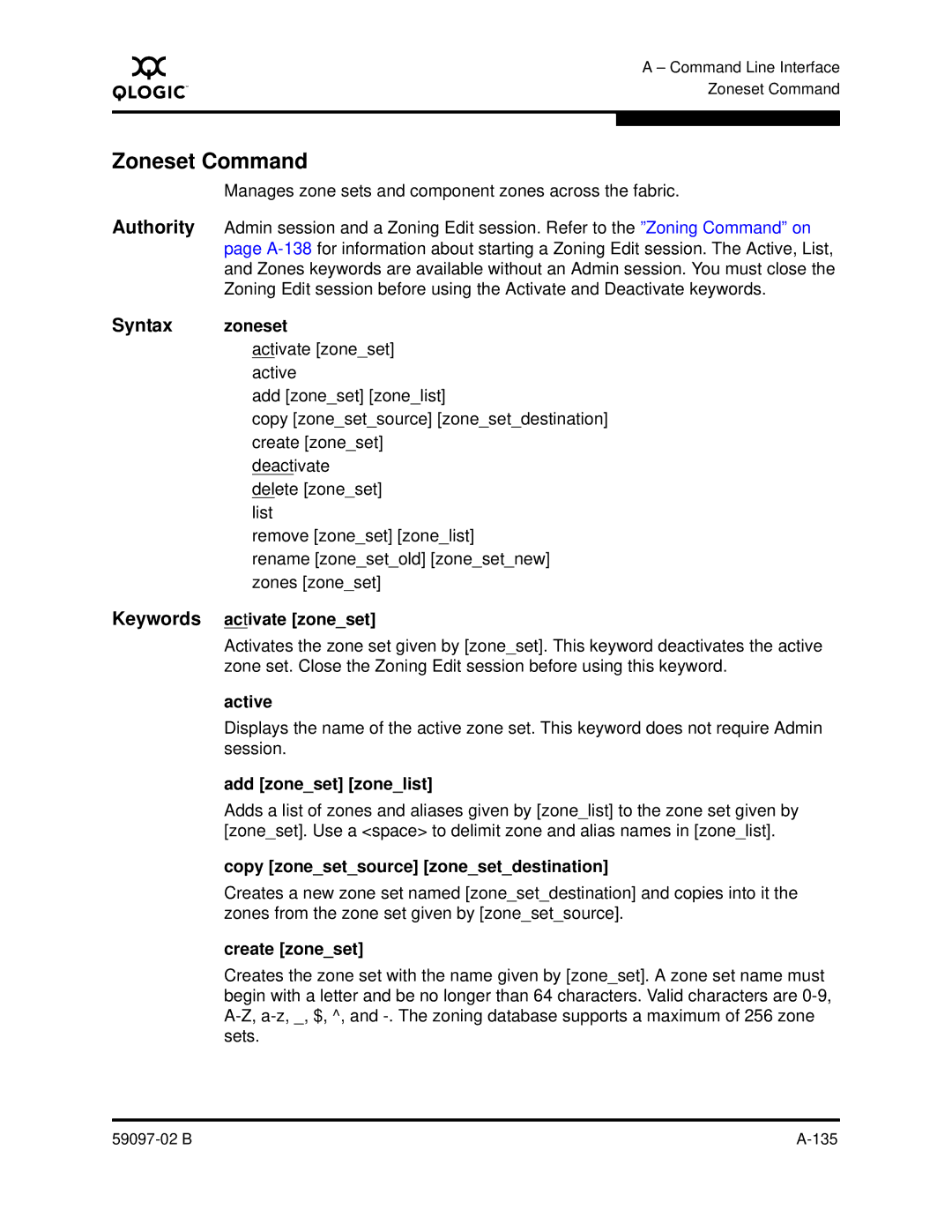 Q-Logic 5600 manual Zoneset Command, Syntax zoneset 